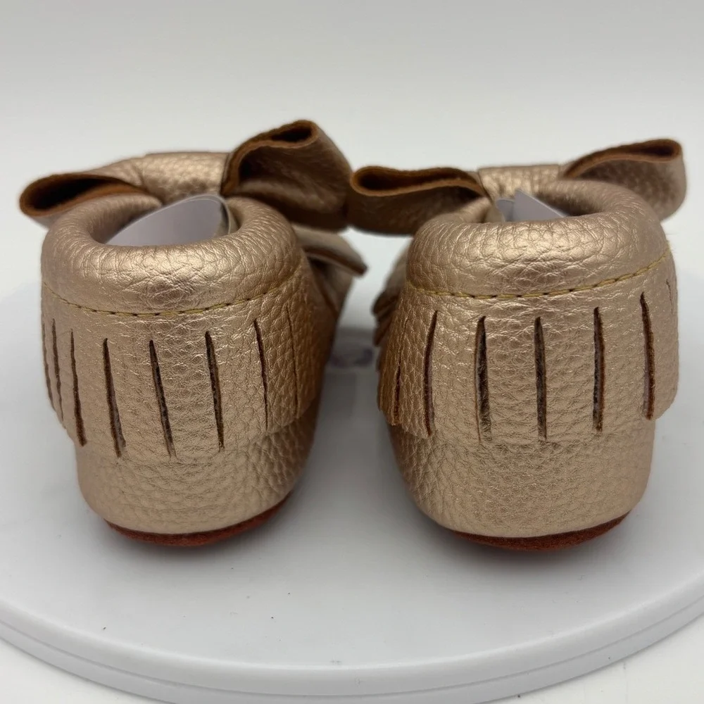 NEW Gold Baby Moccasin Shoe Bow Mary Jane Metallic Baby Soft Sole 0-6 Months